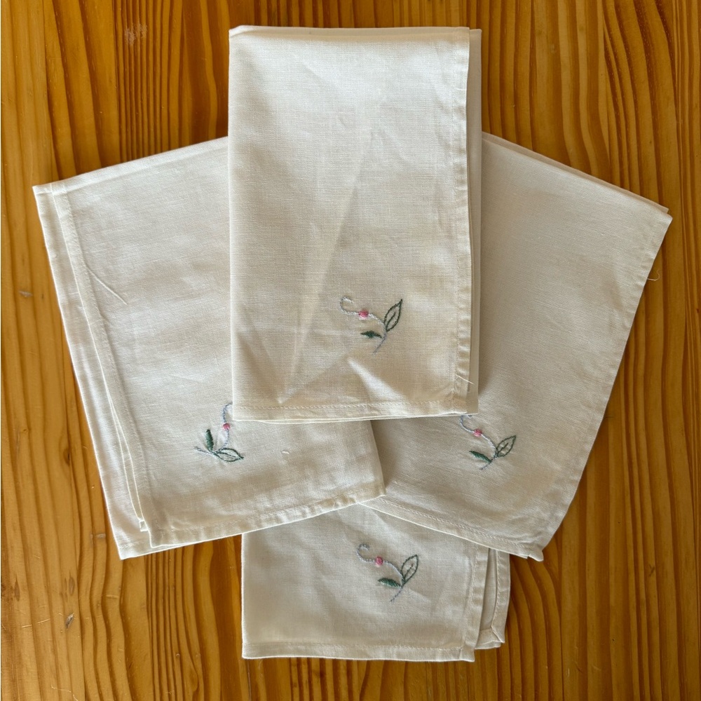 Vintage Hand embroidered Napkins fairy whimsy botanical floral - set of 4 as is